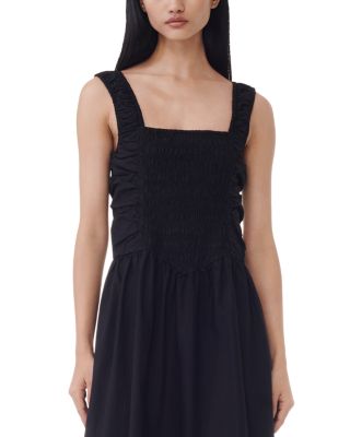 Black Cotton Poplin Midi Strap Smock Dress 