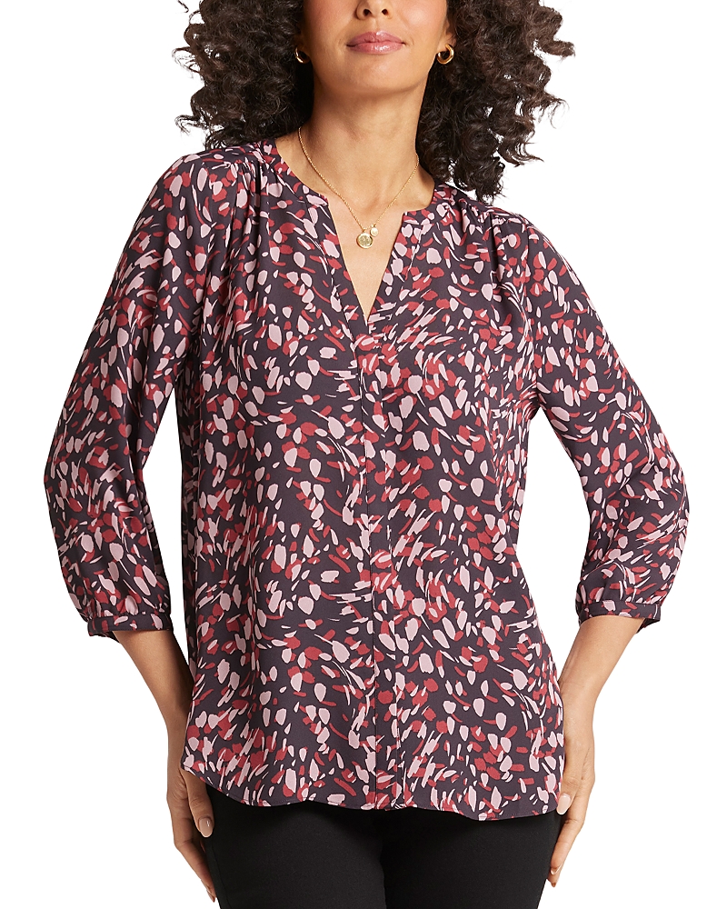 Nydj Three Quarter Sleeve Printed Pintucked Back Blouse In Perla Plum