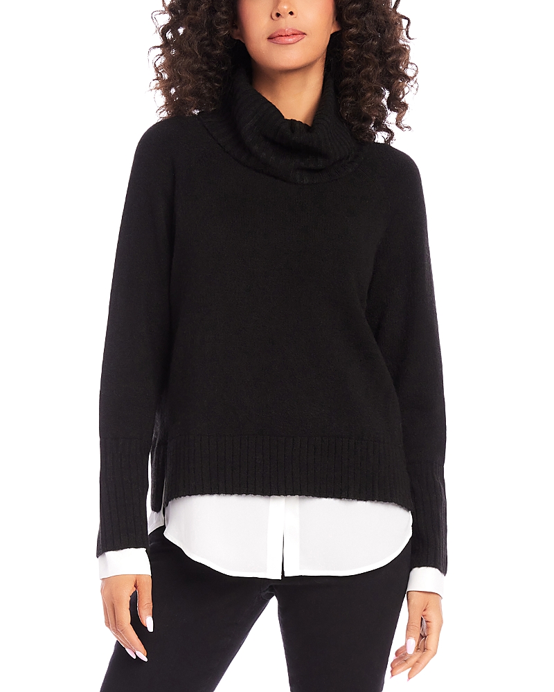 Karen Kane Mixed Media Layered Turtleneck Sweater In Black
