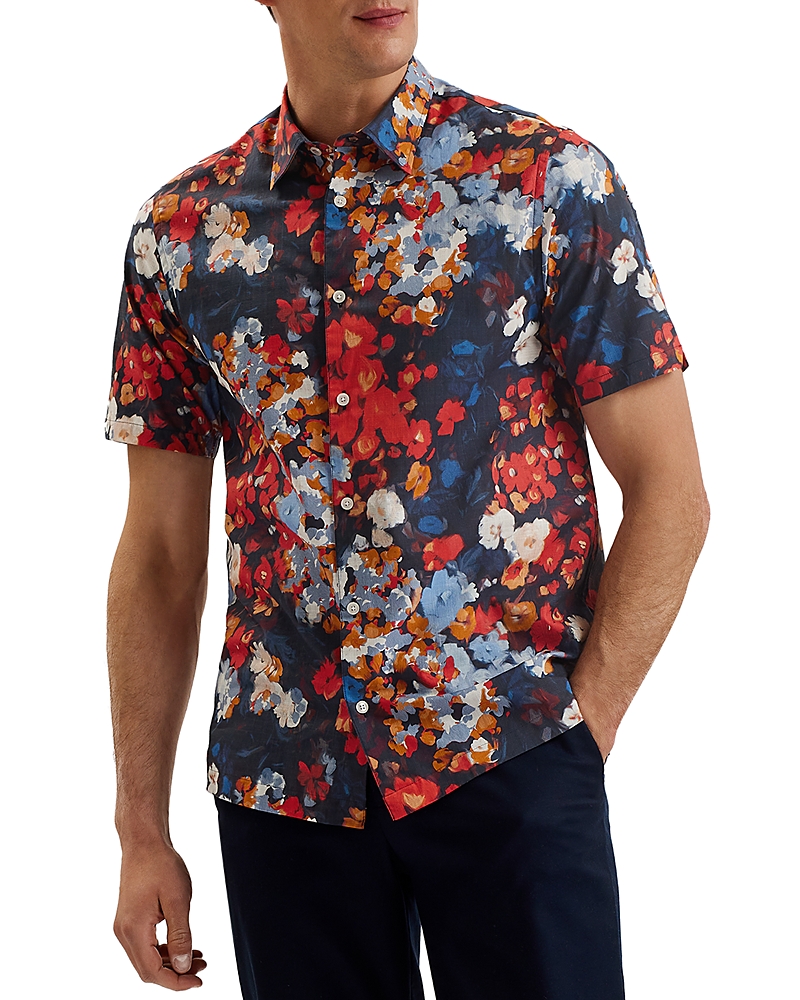 Ted Baker Printed Short Sleeve Button Front Shirt In Dark Blue