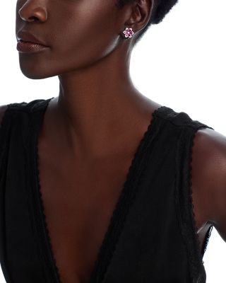 Ruby & Diamond Flower Stud Earrings 14K White Gold