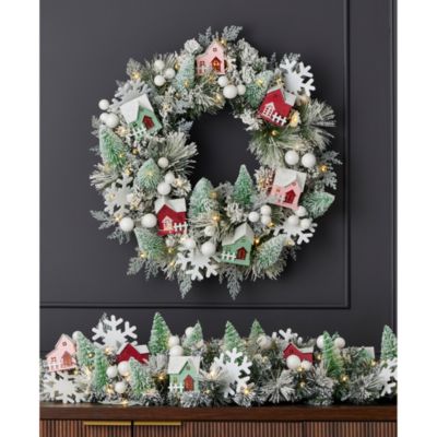 Snowy Cottage 26" Wreath with Fairy Lights