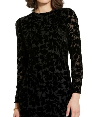 Burnout Velvet Long Sleeve Ruffle Hem Midi Dress