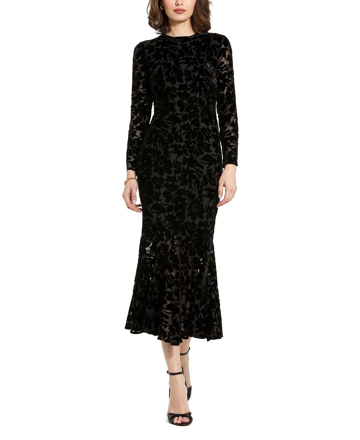 Mac Duggal Burnout Velvet Long Sleeve Ruffle Hem Midi Dress