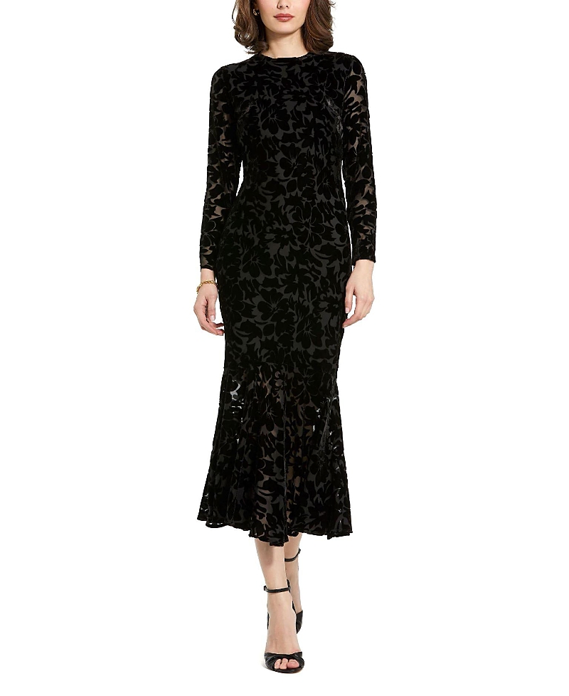 Mac Duggal Burnout Velvet Long Sleeve Ruffle Hem Midi Dress