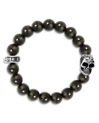 King Baby Studio - Blue Tiger Eye Bead Bracelet with Day of the Dead Skull