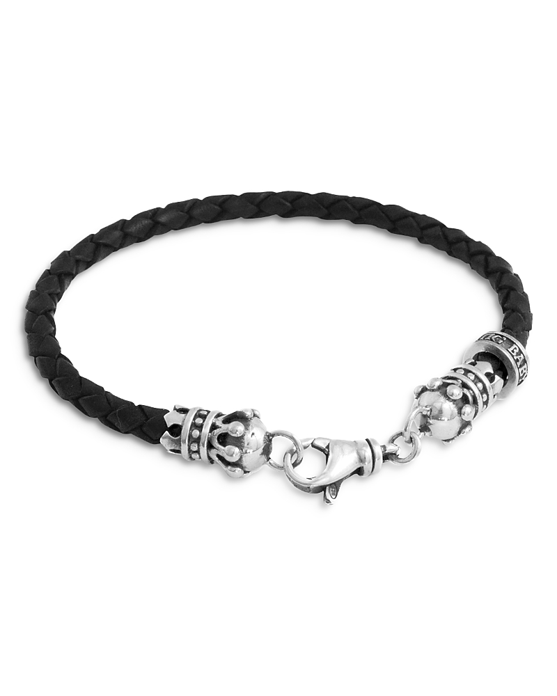 KING BABY STUDIO SMALL LEATHER BRAIDED STERLING SILVER CROWN BRACELET