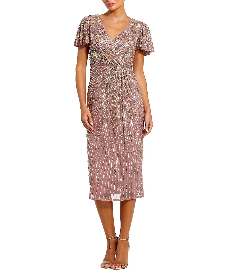 Mac Duggal Embellished Faux Wrap Flutter Sleeve Dress