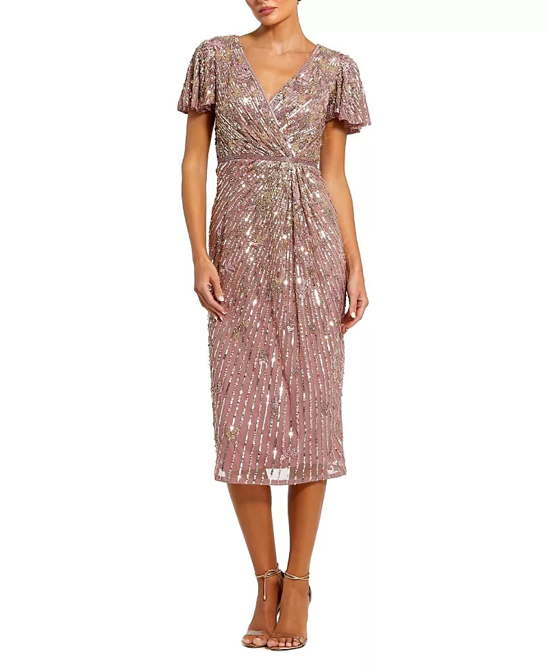 Mac Duggal Embellished Faux Wrap Flutter Sleeve Dress