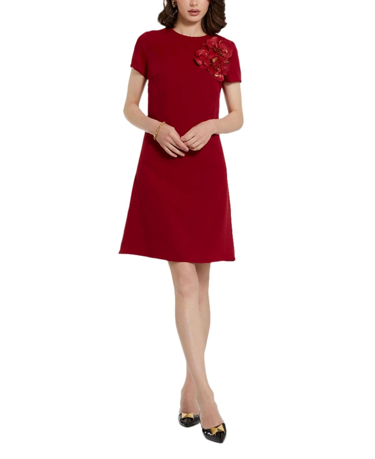 Mac Duggal Crepe Cap Sleeve Mini Dress With 3D Flower Details