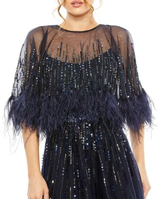 Embellished A Line Dress with Feather Detail Cape