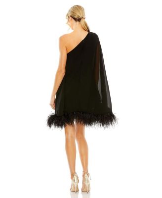 One Shoulder Trapeze Dress with Feather Trim
