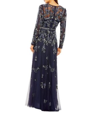 Long Sleeve High Neck Floral Beaded A-Line Mesh Gown