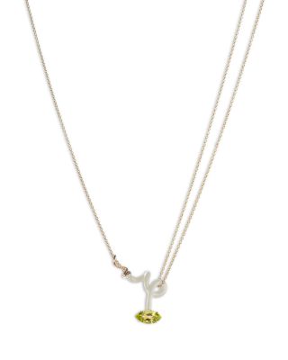 9K Yellow Gold & Sterling Silver You're So Vine Peridot White Pendant Necklace, 15"-15.75"