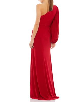One Shoulder Puff Sleeve Faux Wrap Gown