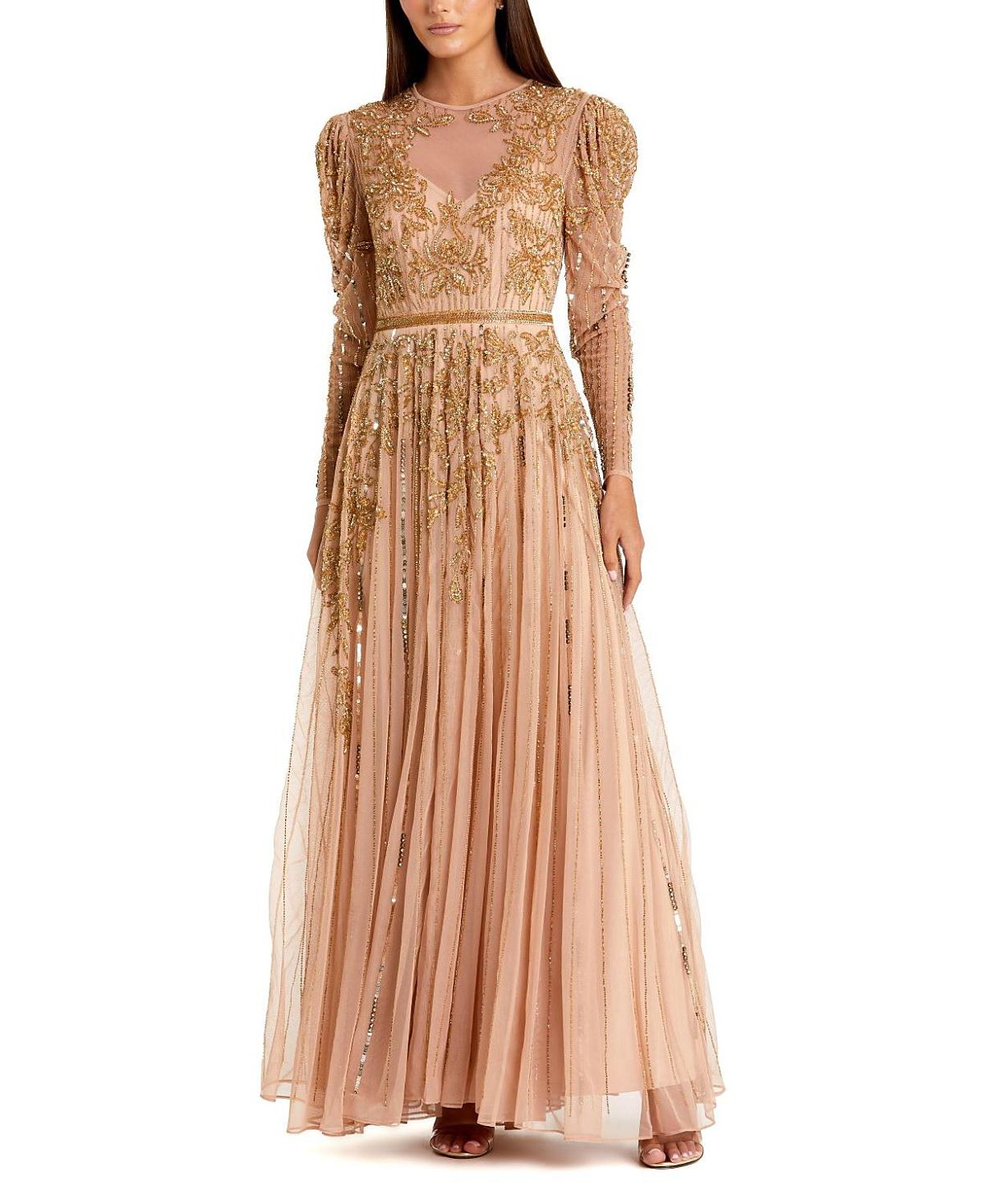 Mac Duggal Beaded Illusion Puff Sleeve Gown