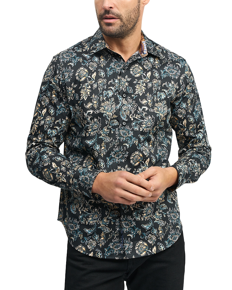 Robert Graham Evans Cotton Stretch Satin Printed Classic Fit Button Down Shirt In Black