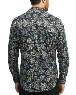Evans Cotton Stretch Satin Printed Classic Fit Button Down Shirt