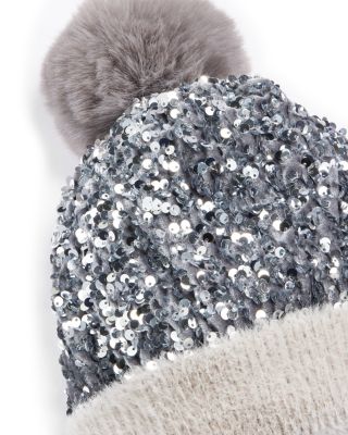 Girls' Knit Sequin Beanie Hat With Faux Fur Pom - Big Kid
