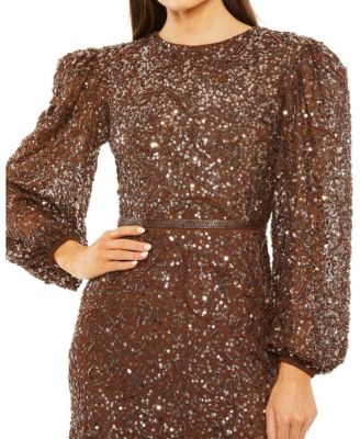 Sheer Long Sleeve Beaded Gown