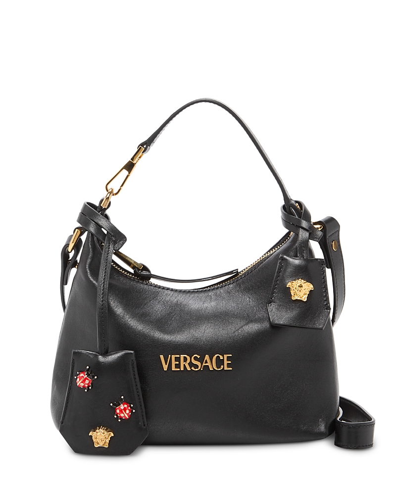 Versace Tag Hobo Bag In Leather With Embossed Logo In Black