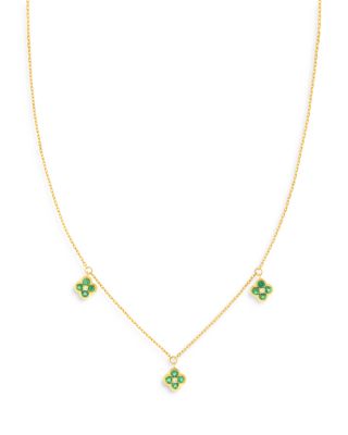 Gemstone & Diamond Bezel Clover Station Necklace Bracelet in 14K Yellow Gold, 17"