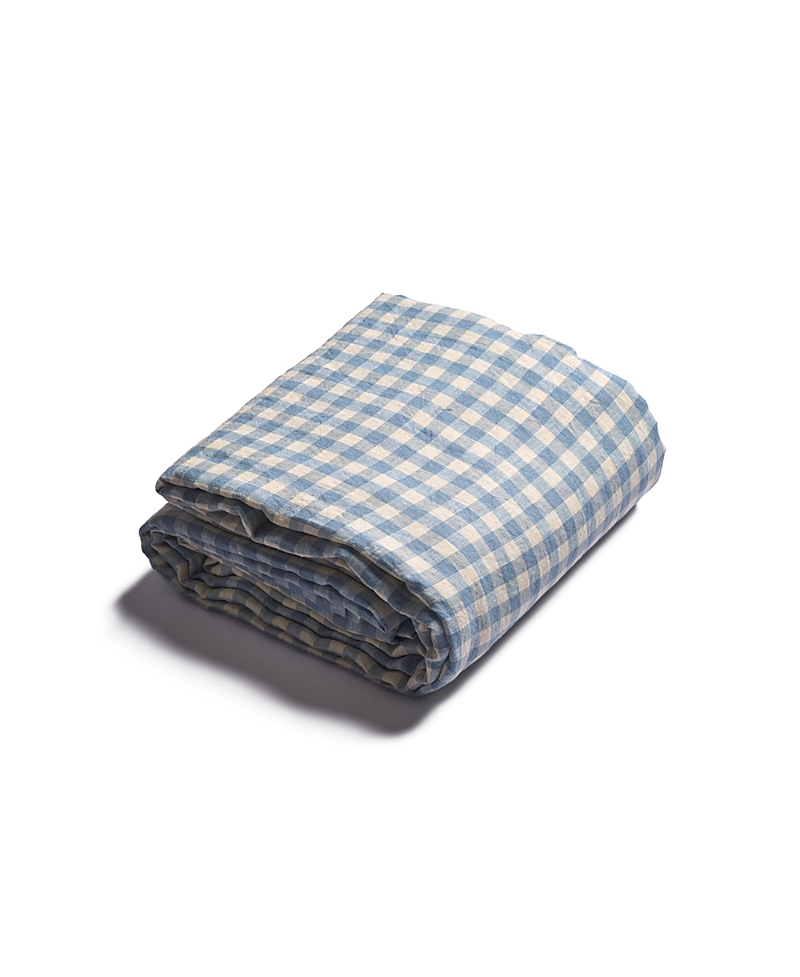 Piglet In Bed Gingham Linen Flat Sheet, Full Size In Warm Blue Gingham
