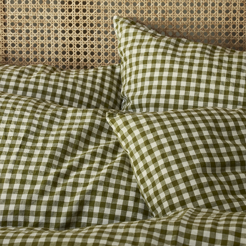 Piglet In Bed Gingham Linen Blend Pillowcase Pair, Square Decorative Pilllow In Botanical Green Gingham