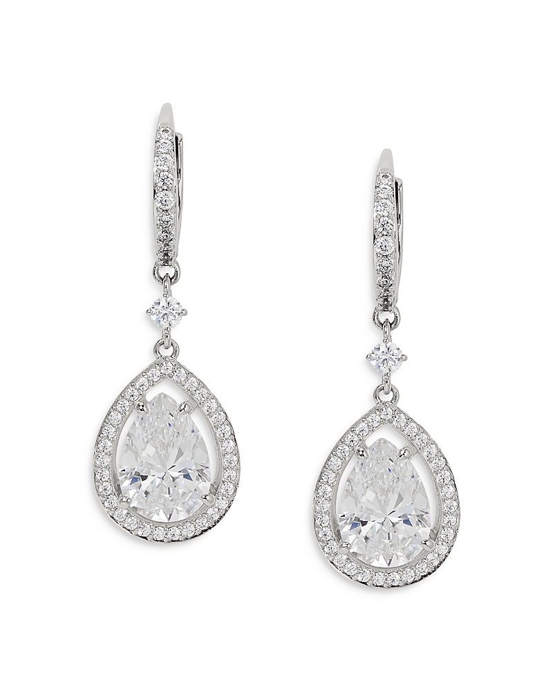 NADRI RADIANT PEAR SHAPE CUBIC ZIRCONIA HALO DROP EARRINGS IN RHODIUM PLATED