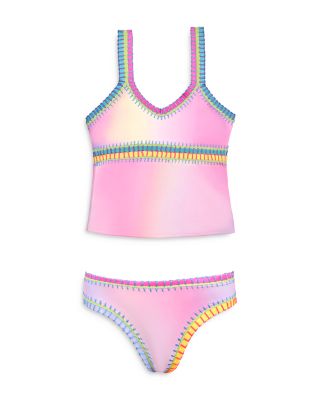 PQ Swim - Girls' Rainbow Embroidered Tie Dyed Tankini Two Piece Swimsuit - Little Kid, Big Kid