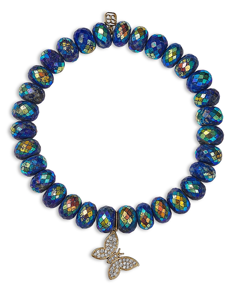 Sydney Evan Pave Diamond Butterfly Charm Lapis Beaded Bracelet In Gold/blue