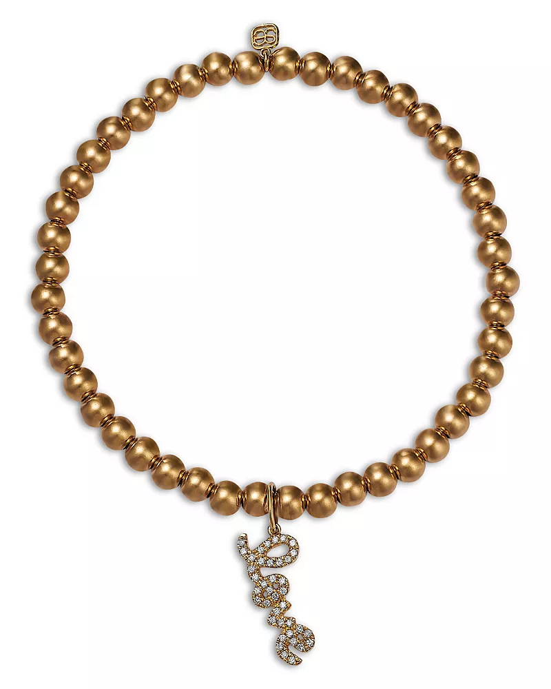 Sydney Evan 14K Yellow Gold Love Script Charm Beaded Bracelet with Diamonds, 0.12 tcw