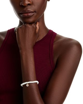 Diamond Pav&eacute; Happy Face Charm White Opal Beaded Bracelet