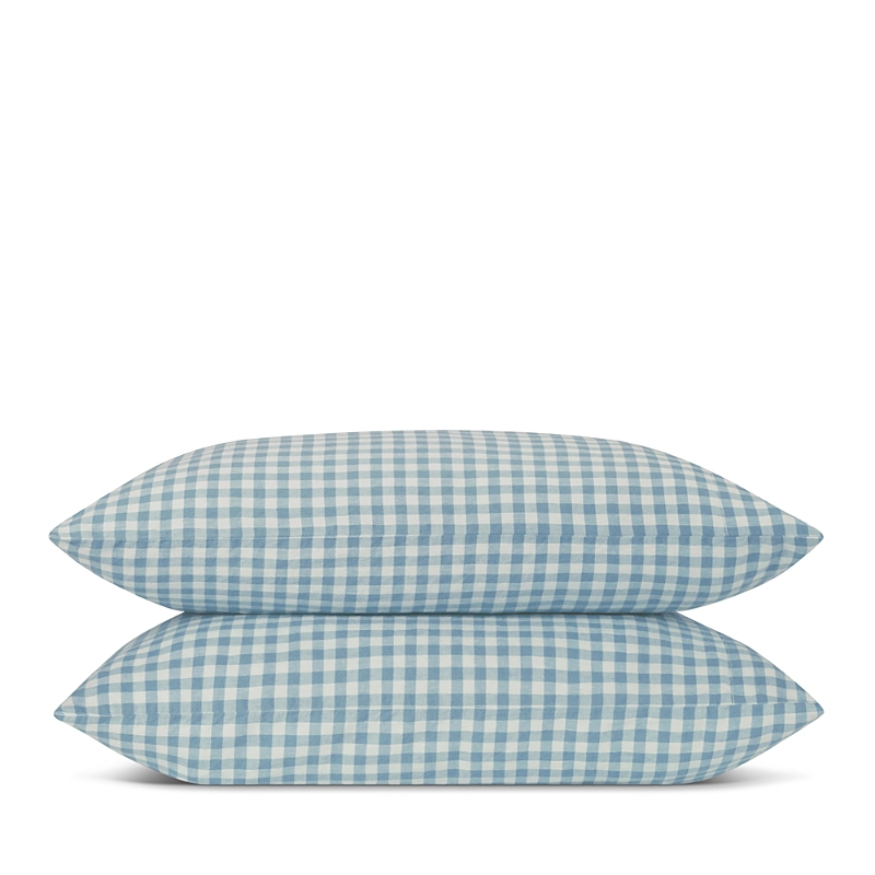 Piglet In Bed Gingham Linen Blend Pillowcase Pair, Square Decorative Pilllow In Warm Blue Gingham