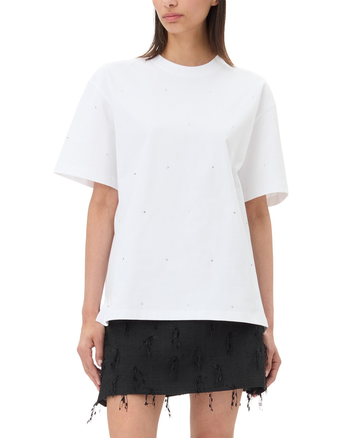 Ganni Drop Shoulder Rhinestone Tee in Bright White