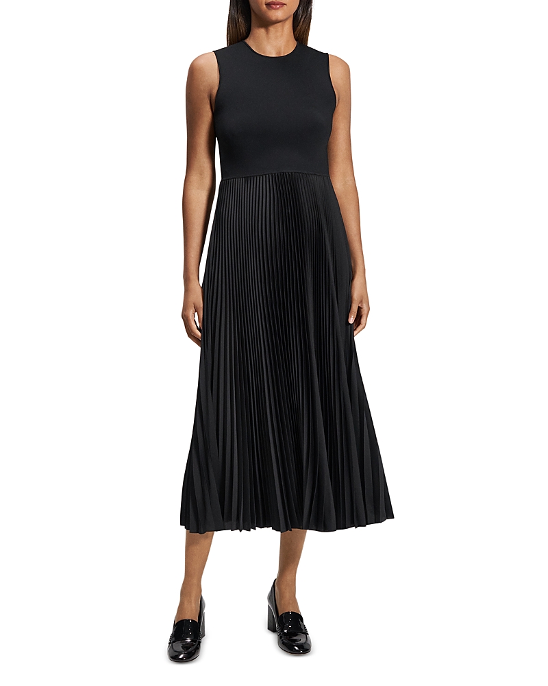 Theory Womens Black Pleated Sleeveless Stretch-woven Midi Dress Xs In Black