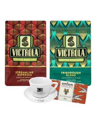 - Victrola Espresso Duo Gift Bundle -  Triborough & Streamline, 1 Chocolate Bar,  8oz Porcelain Cup & Saucer (2 x 12oz Bags)