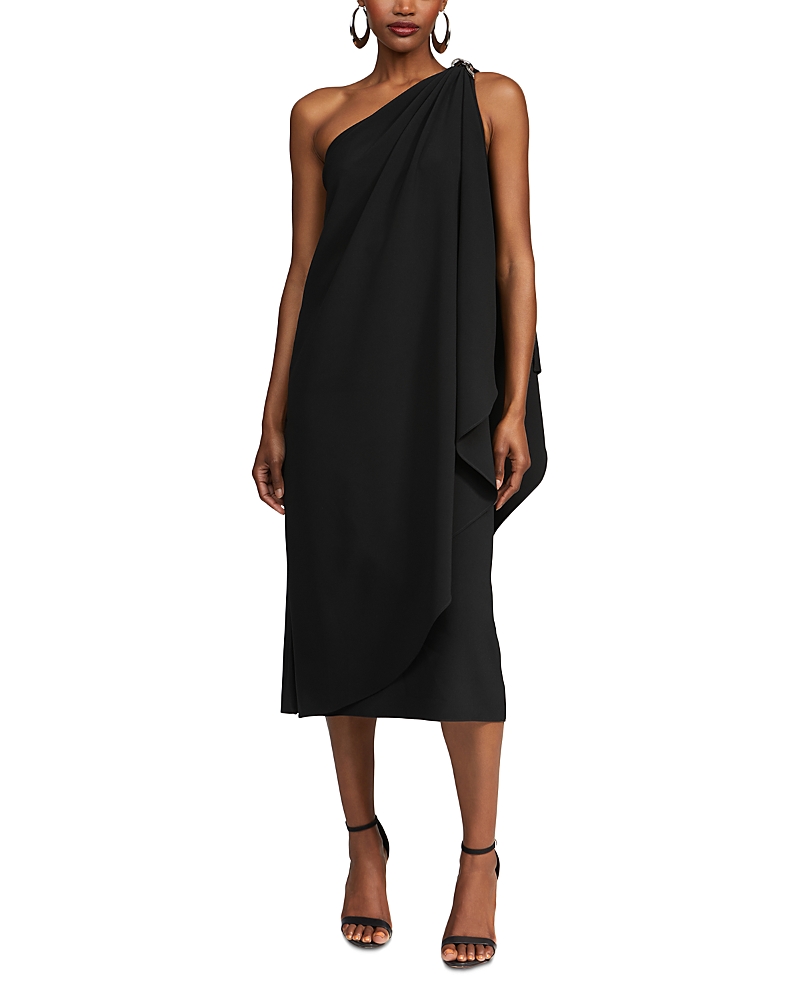 Halston Aries Draped One-shoulder Crepe Midi Dress In Black