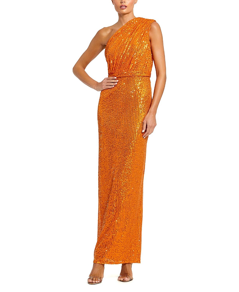 Mac Duggal Sequined Ruched One Shoulder Gown In Orange