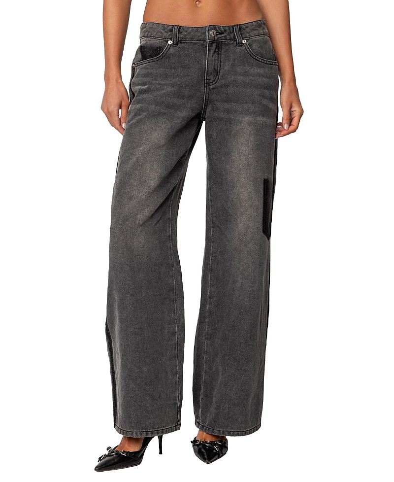 Shop Edikted Contrast Pocket Washed Low Rise Jeans In Black Washed