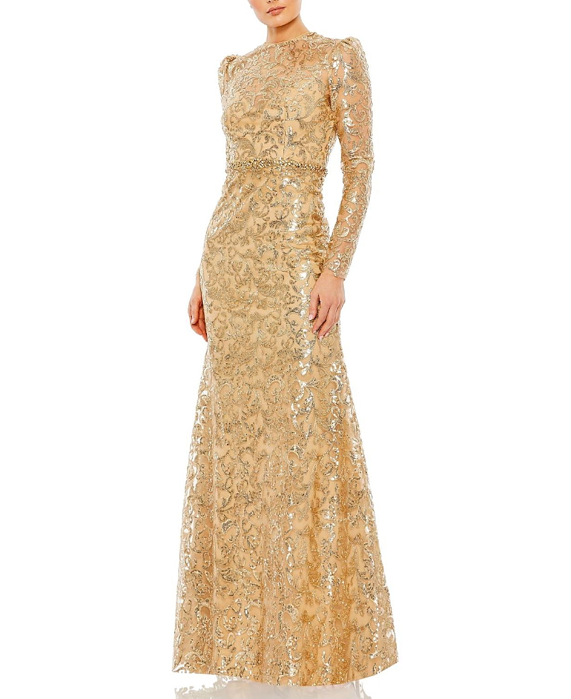 Mac Duggal Sequin Tapestry Long Sleeve Gown In Gold - Tone
