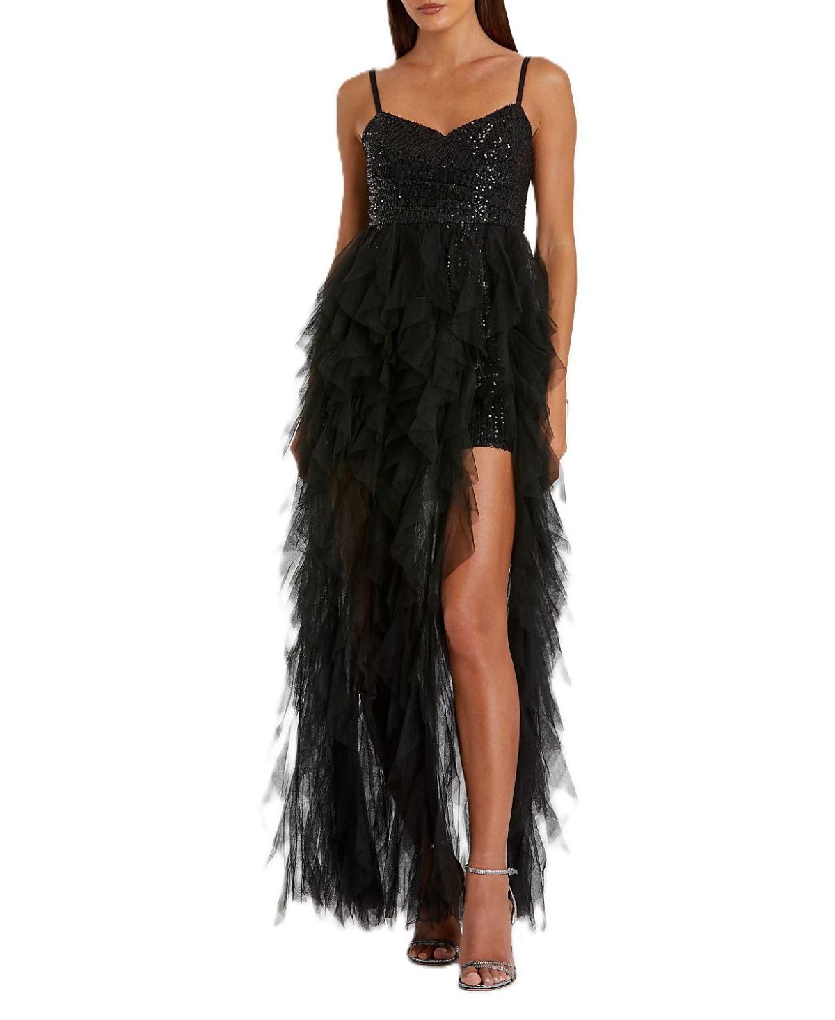 Mac Duggal Sequin Mini With High Low Ruffle Tiered Train Dress