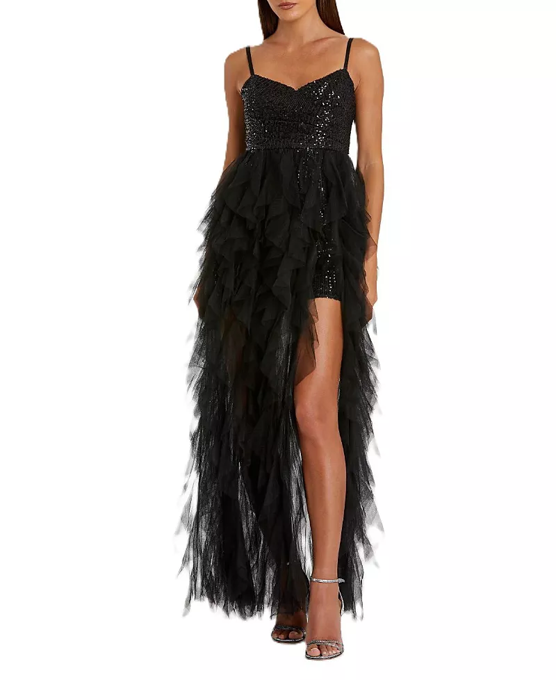 Mac Duggal Sequin Mini With High Low Ruffle Tiered Train Dress