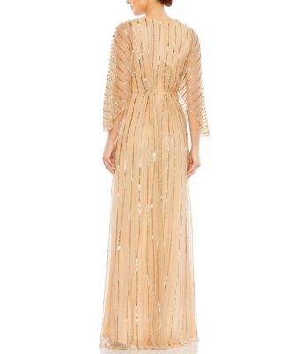  Beaded Striping Kimono Sleeve V Neck Gown