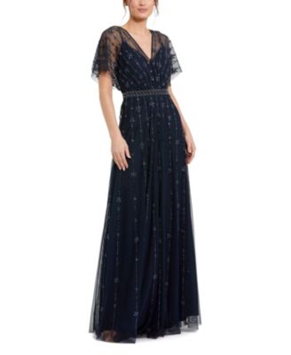 V Neck Embellished Flutter Sleeve A Line Gown