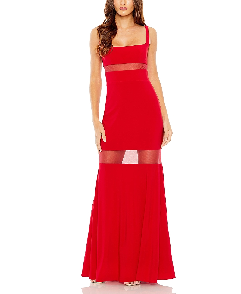 Mac Duggal Sheer Mesh Panel Sheer Detail Column Gown