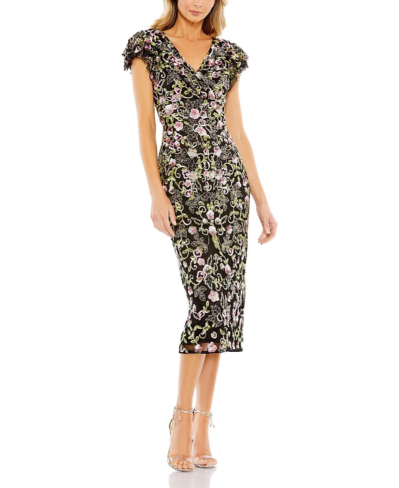 Mac Duggal Floral Embellished Flutter Cap Sleeve Dress