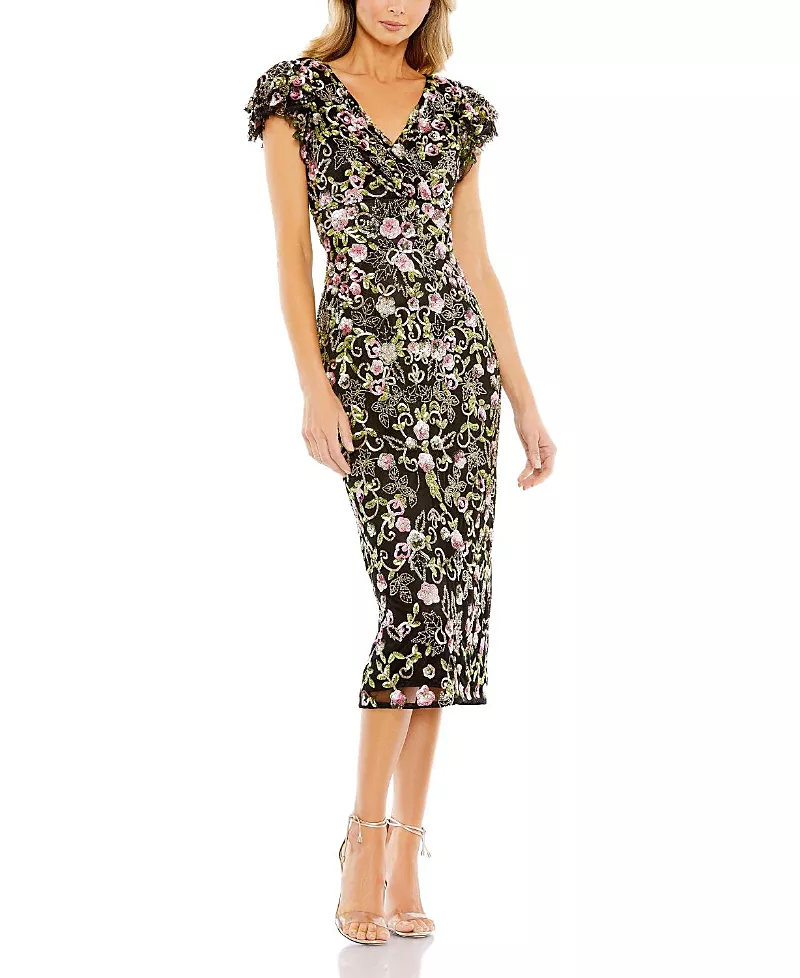 Mac Duggal Floral Embellished Flutter Cap Sleeve Dress