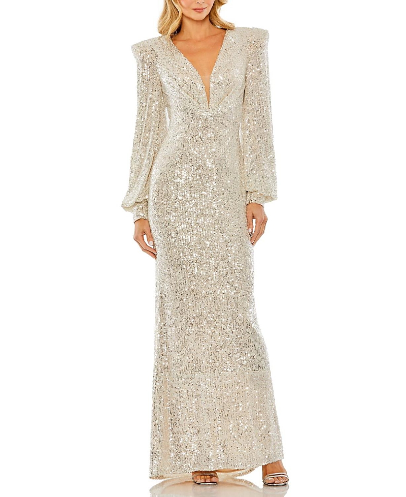 Mac Duggal Sequined Plunge Neck Structured Bishop Sleeve Gown In Nude Silver