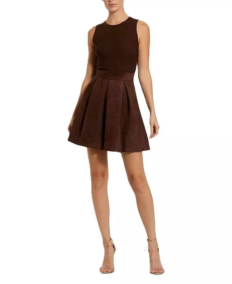 Mac Duggal Sleeveless Mesh And Suede A Line Mini Dress